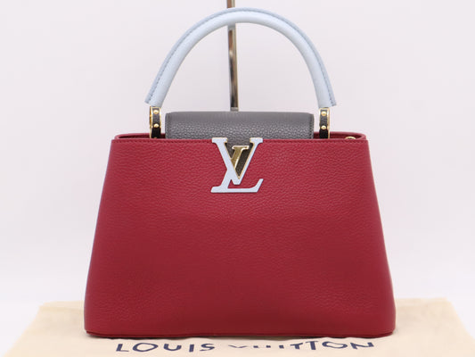 LOUIS VUITTON M42237 Taurillon Leather Capucines PM Handbag in Rouge/Blue/Gray with Dust Bag
