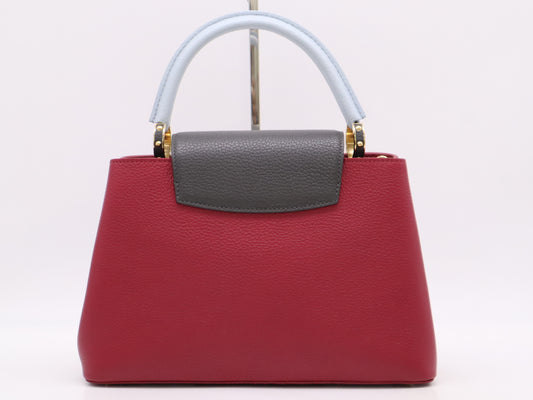 LOUIS VUITTON M42237 Taurillon Leather Capucines PM Handbag in Rouge/Blue/Gray with Dust Bag