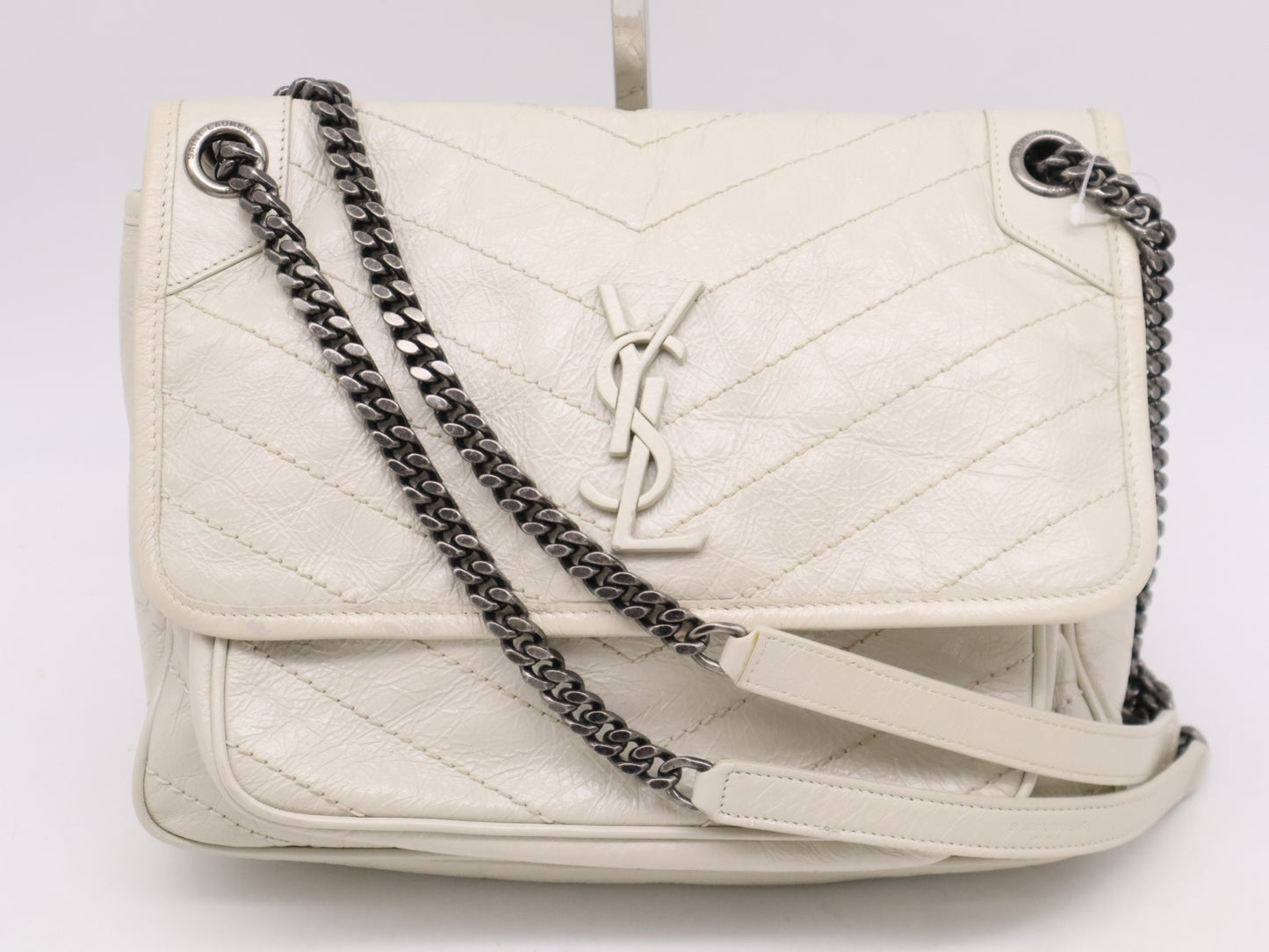 Yves Saint Laurent 498894 Vintage Leather Niki Medium Chain Shoulder Bag in White with Black Hardware