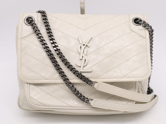Yves Saint Laurent 498894 Vintage Leather Niki Medium Chain Shoulder Bag in White with Black Hardware