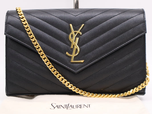 Yves Saint Laurent Leather Cassandra Chain Wallet in Black with GD Hardware and Dust Bag