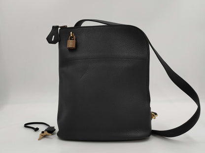 HERMES Taurillon Clemence Movie Homme One-Shoulder Bag, Black, with Padlock, Two Keys, and Cloche, 〇Z Stamp, 1996