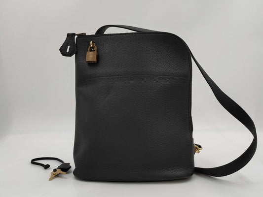 HERMES Taurillon Clemence Movie Homme One-Shoulder Bag, Black, with Padlock, Two Keys, and Cloche, 〇Z Stamp, 1996