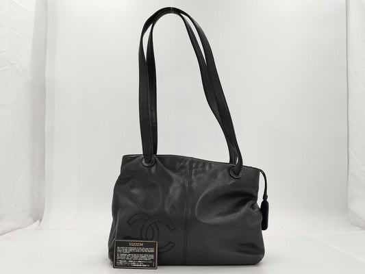 CHANEL Coco Mark Stitch Tote Bag, Silver Hardware, Black, Sticker, Card, 5522234 Tote Bag