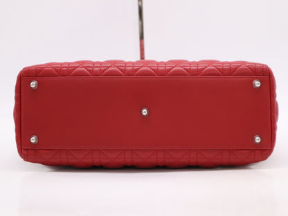 Dior Lady Dior Cannage Large Lambskin Handbag in Red with Sterling Silver Hardware, Shoulder Strap and Guarantee Card