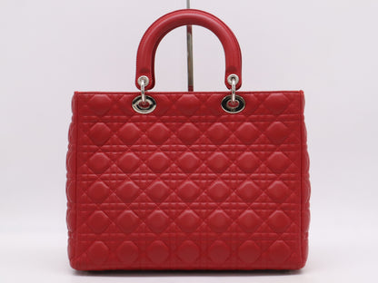 Dior Lady Dior Cannage Large Lambskin Handbag in Red with Sterling Silver Hardware, Shoulder Strap and Guarantee Card