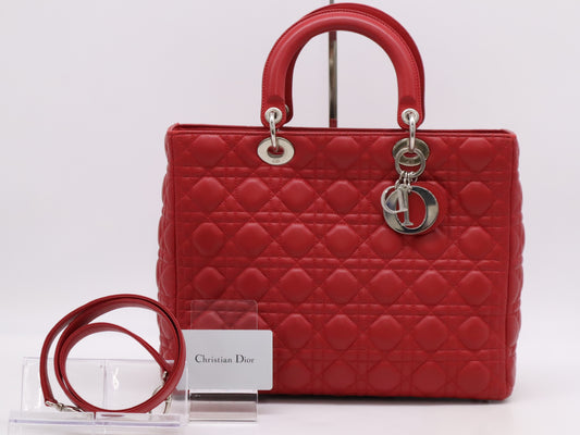 Dior Lady Dior Cannage Large Lambskin Handbag in Red with Sterling Silver Hardware, Shoulder Strap and Guarantee Card