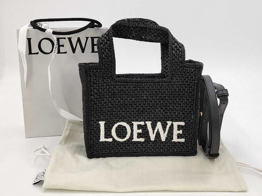 LOEWE Font 2-Way Tote Mini Raffia Black with Strap and Dust Bag