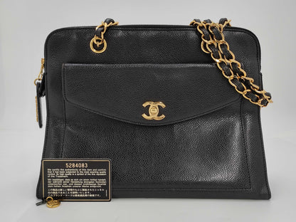 CHANEL Caviar Skin Chain Shoulder Bag with Coco Mark, GD Hardware, Black Seal, Card, 52844083, Card Included Tote Bag