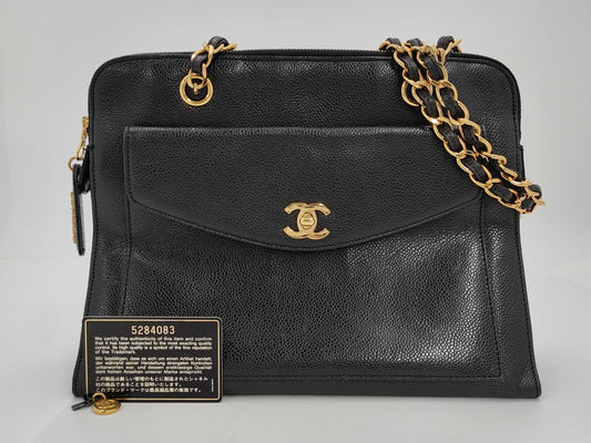 CHANEL Caviar Skin Chain Shoulder Bag with Coco Mark, GD Hardware, Black Seal, Card, 52844083, Card Included Tote Bag