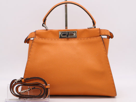 FENDI Leather Selleria Peekaboo Handbag in Orange with Shoulder Strap