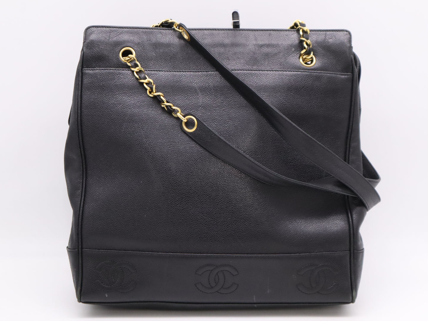CHANEL Caviar Skin Triple Coco Chain Tote Bag, Black, GD Hardware, Seal, 3900478