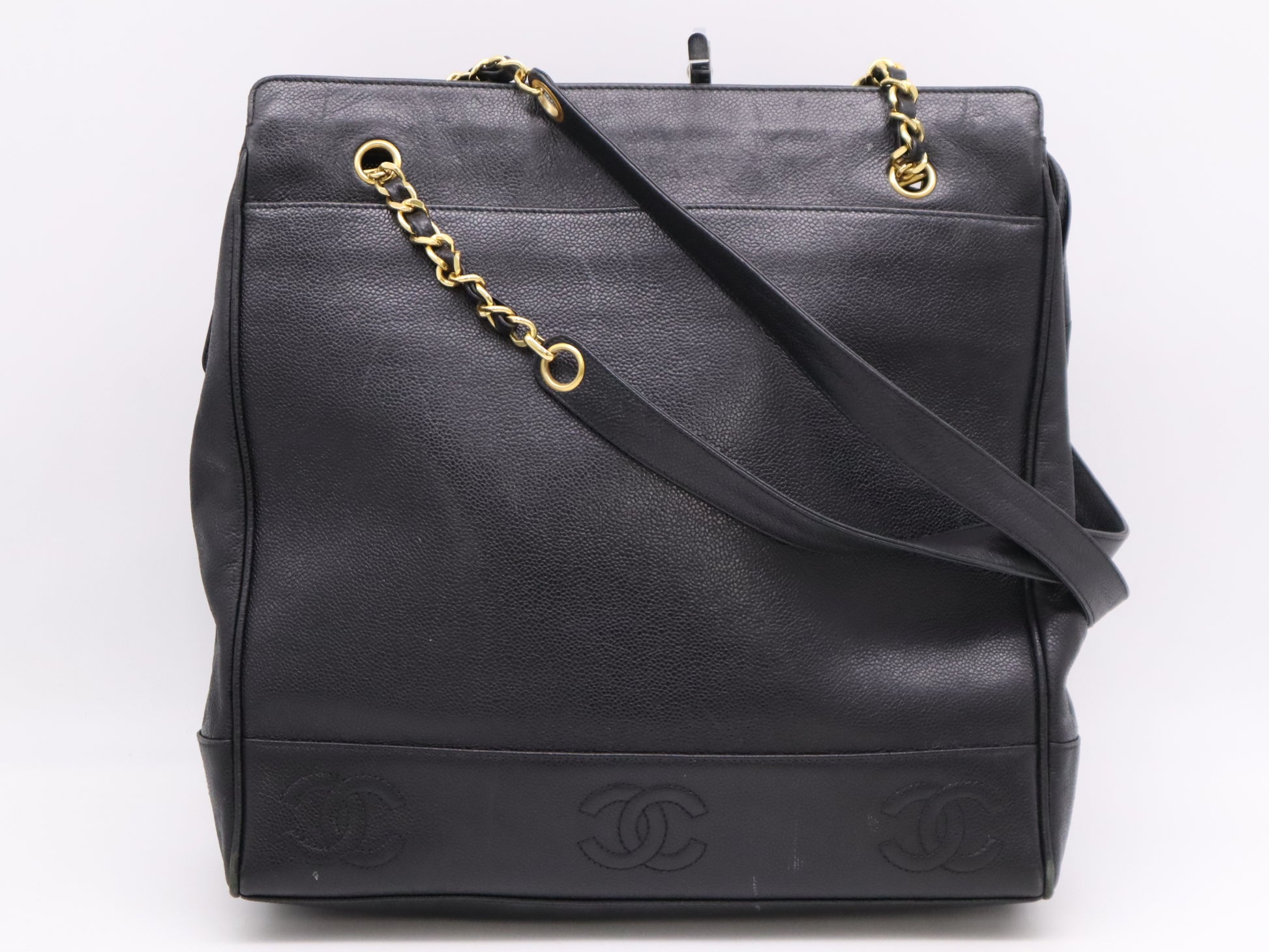 CHANEL Caviar Skin Triple Coco Chain Tote Bag, Black, GD Hardware, Seal, 3900478