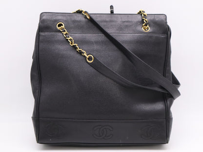 CHANEL Caviar Skin Triple Coco Chain Tote Bag, Black, GD Hardware, Seal, 3900478