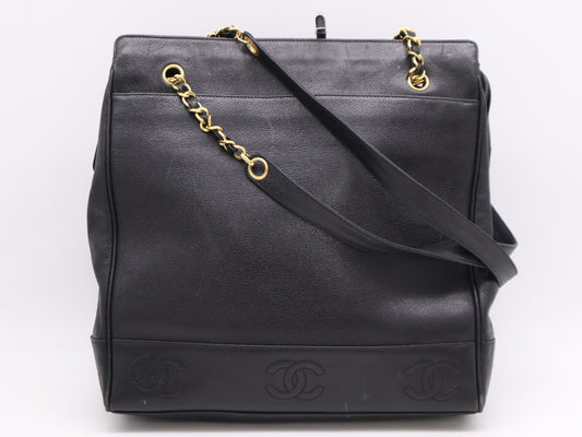 CHANEL Caviar Skin Triple Coco Chain Tote Bag, Black, GD Hardware, Seal, 3900478