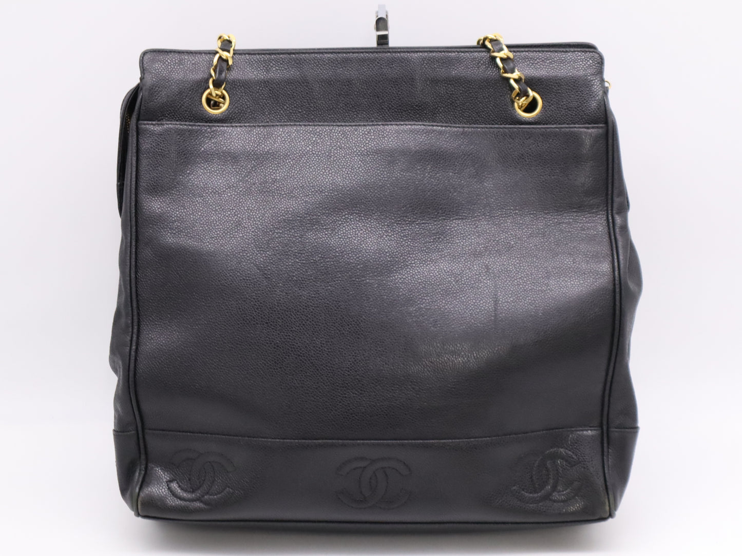 CHANEL Caviar Skin Triple Coco Chain Tote Bag, Black, GD Hardware, Seal, 3900478