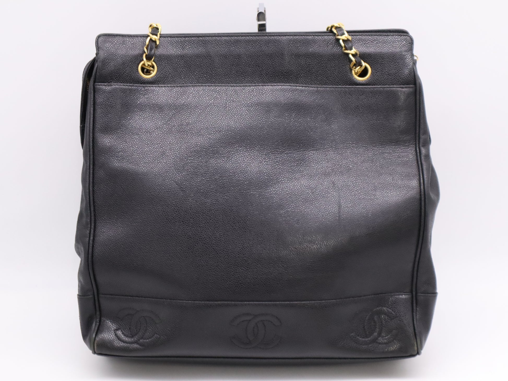 CHANEL Caviar Skin Triple Coco Chain Tote Bag, Black, GD Hardware, Seal, 3900478