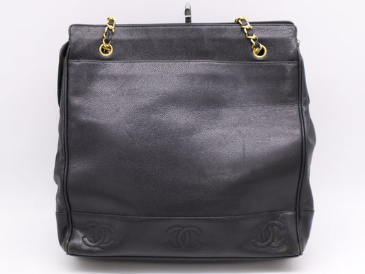 CHANEL Caviar Skin Triple Coco Chain Tote Bag, Black, GD Hardware, Seal, 3900478