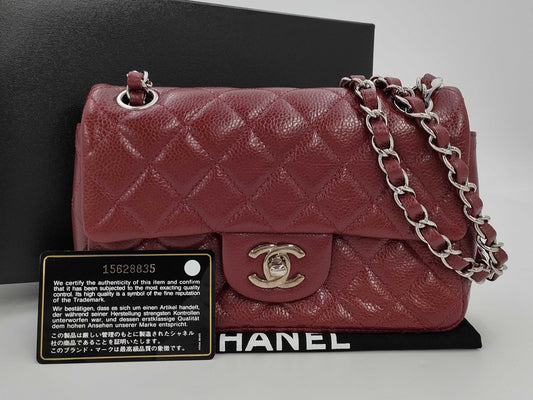 CHANEL Caviar Skin Matelasse 20 S Flap Double Chain Shoulder Bag with Silver Hardware, Bordeaux, Box and Dust Bag, Sticker, Card, 15628835