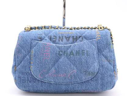 CHANEL Denim Mini Matelasse S Flap S Chain Turn Lock GD Hardware Blue Shoulder Bag