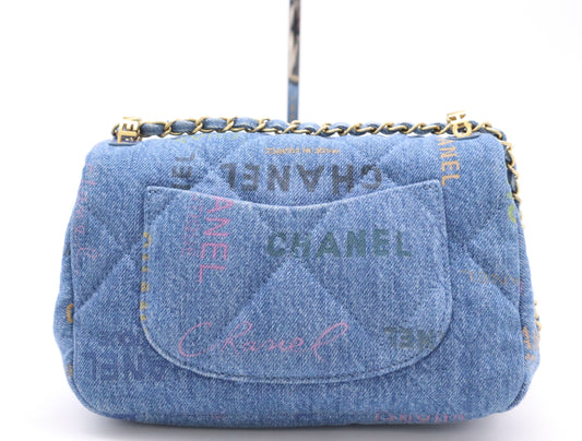 CHANEL Denim Mini Matelasse S Flap S Chain Turn Lock GD Hardware Blue Shoulder Bag