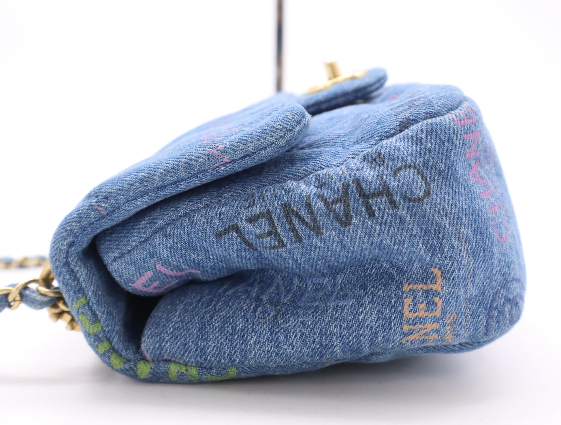 CHANEL Denim Mini Matelasse S Flap S Chain Turn Lock GD Hardware Blue Shoulder Bag