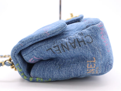 CHANEL Denim Mini Matelasse S Flap S Chain Turn Lock GD Hardware Blue Shoulder Bag