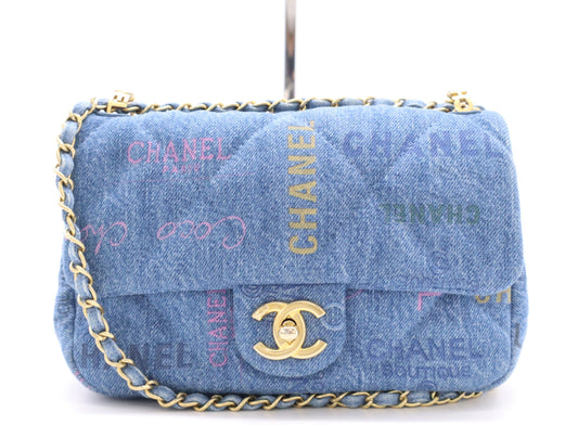 CHANEL Denim Mini Matelasse S Flap S Chain Turn Lock GD Hardware Blue Shoulder Bag