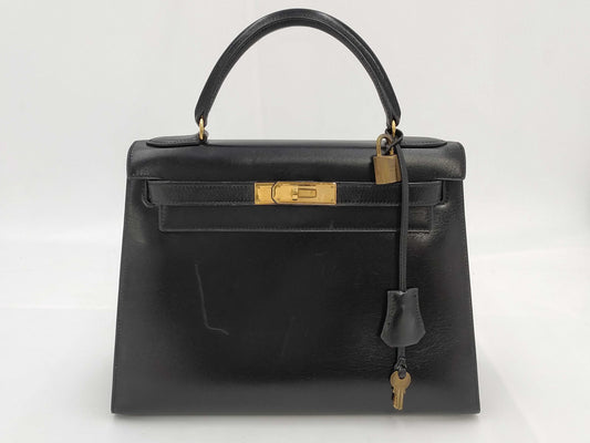 HERMES Kelly 28 Box Calf Black Handbag