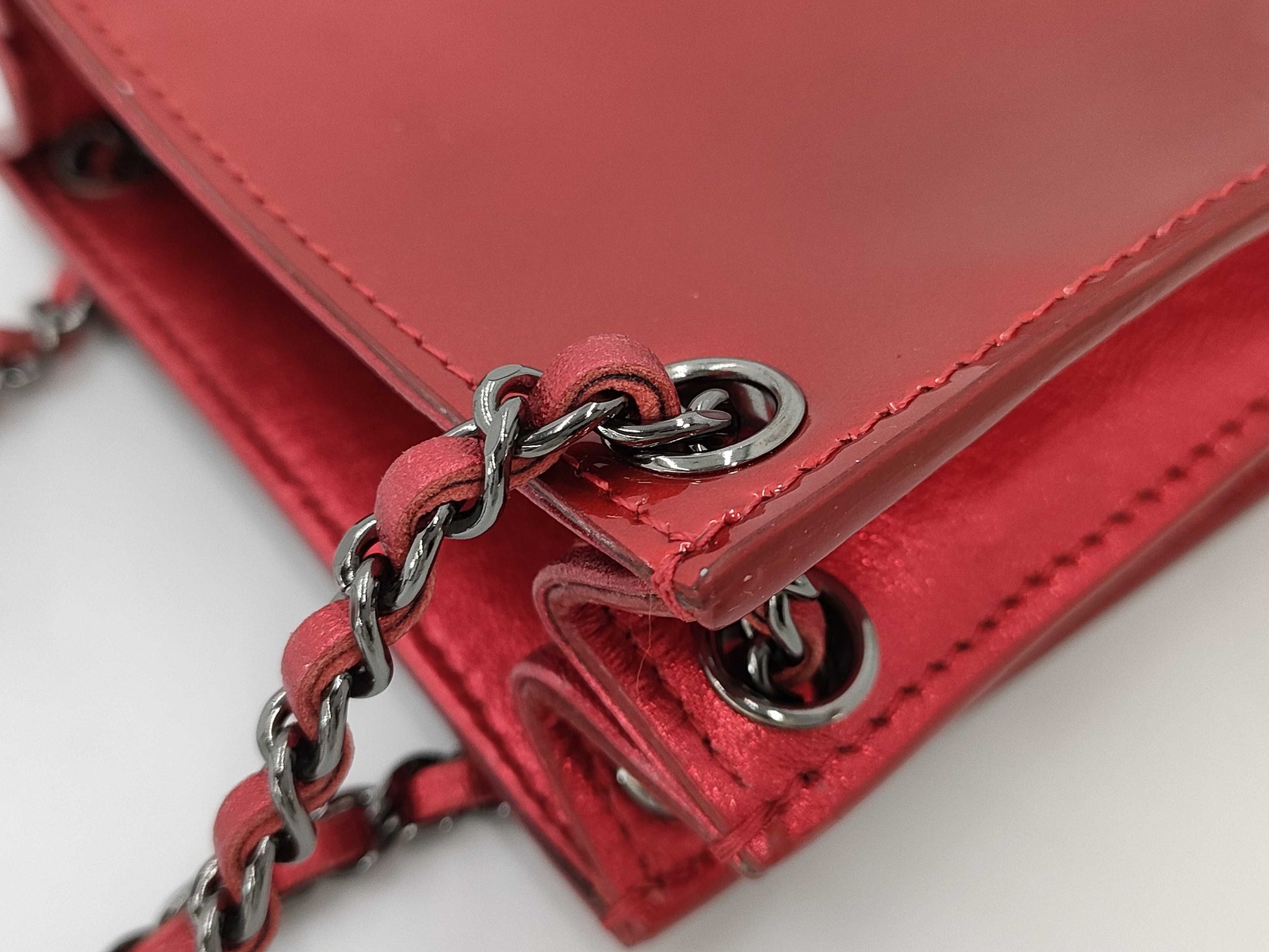 CHANEL Enamel Leather Chain Mini Shoulder Bag Red