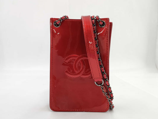 CHANEL Enamel Leather Chain Mini Shoulder Bag Red