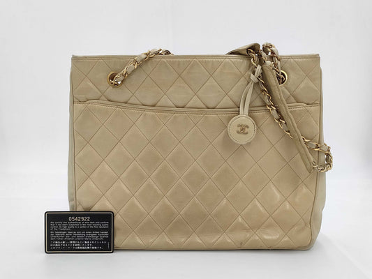 CHANEL Matelasse Chain Shoulder Bag in Beige, Lambskin, 0 Series, Tote Bag