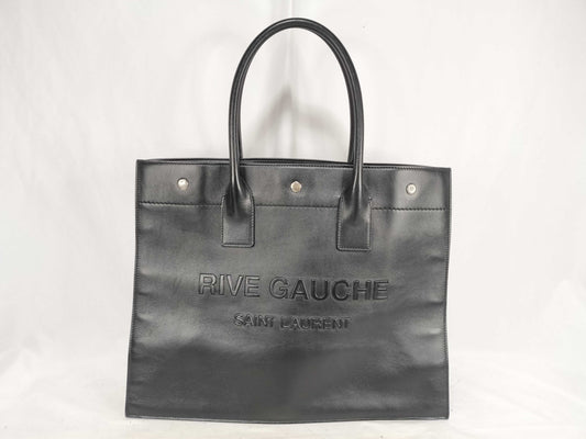 SAINT LAURENT RIVE GAUCHE Square Tote Bag in Black Leather with Embossed Logo