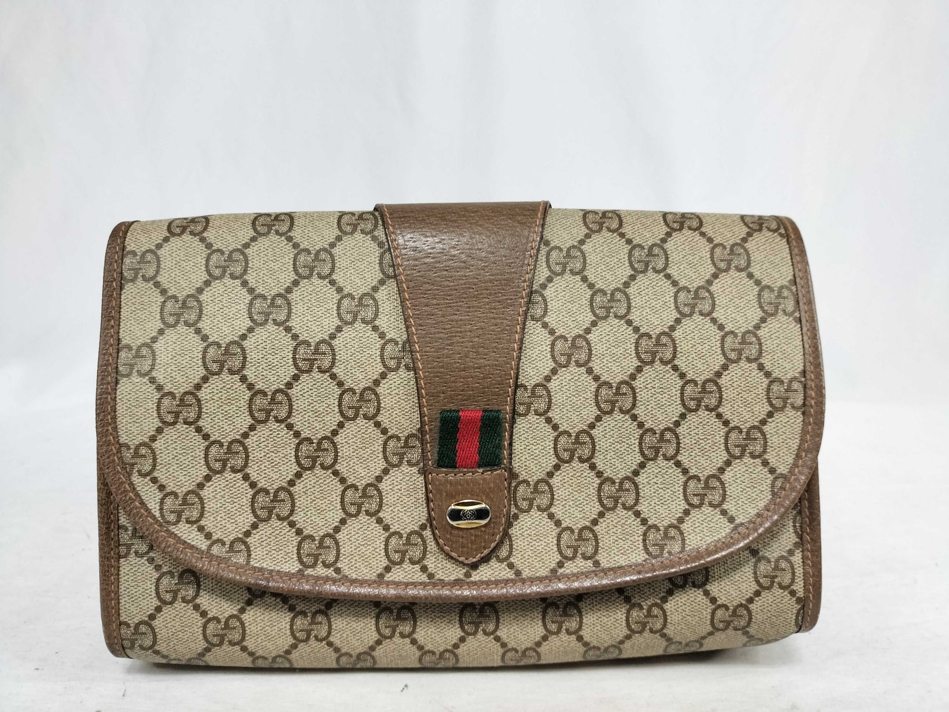 GUCCI GG Supreme Clutch Bag, GG Supreme Sherry Line Interlocking Accents, Brown/Beige, 89.01.030