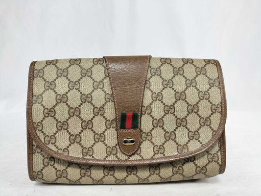 GUCCI GG Supreme Clutch Bag, GG Supreme Sherry Line Interlocking Accents, Brown/Beige, 89.01.030