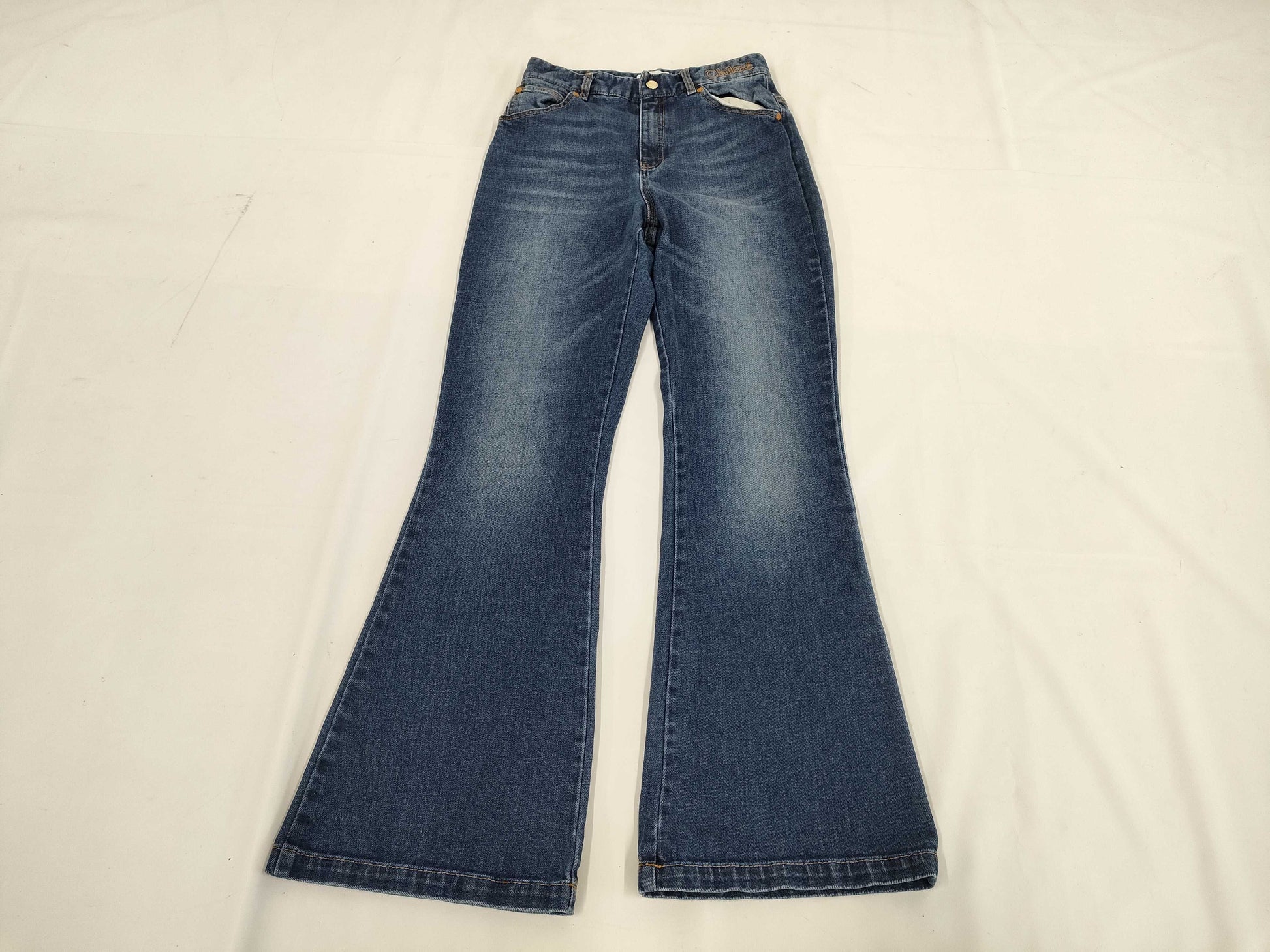 Chloe Logo Embroidered Flare Denim Pants, Kids' Size 14