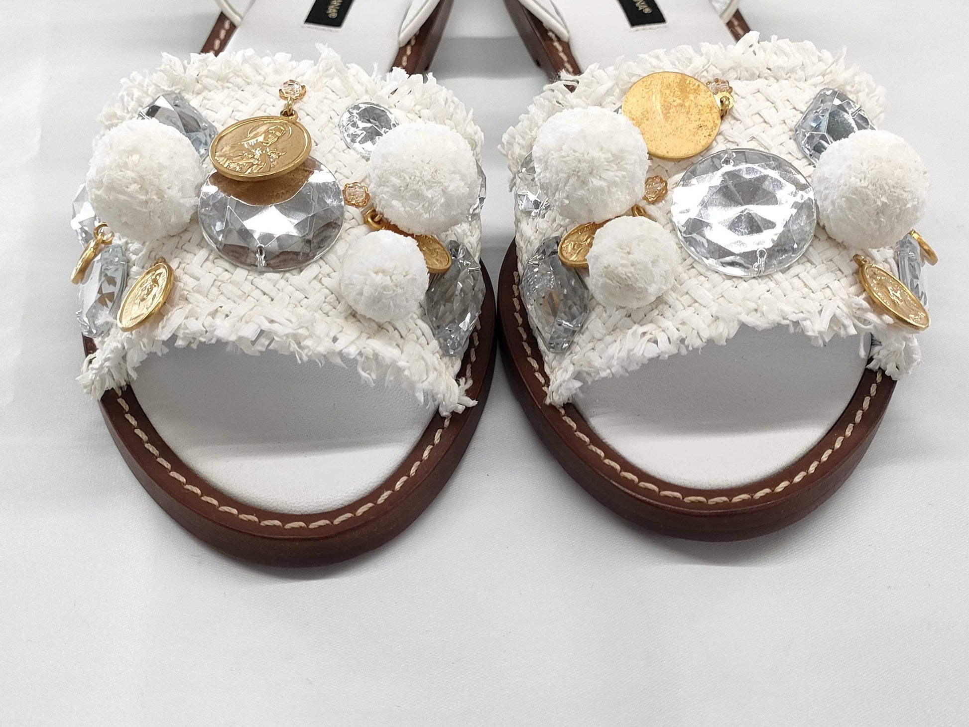 DOLCE & GABBANA Raffia-style Decorative Slide Sandals, Size 38