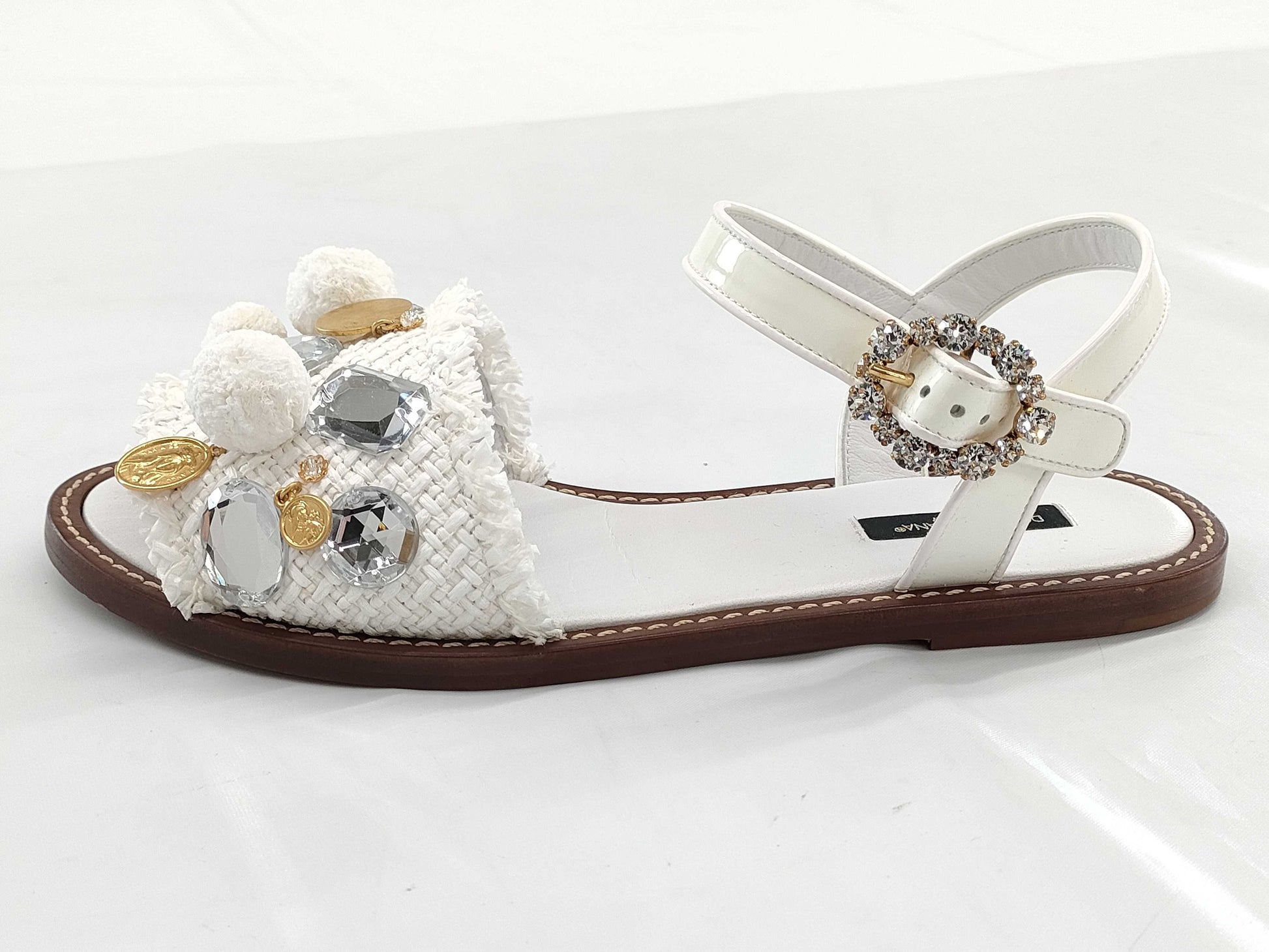 DOLCE & GABBANA Raffia-style Decorative Slide Sandals, Size 38