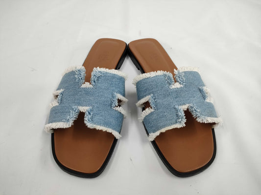 HERMES Oran Denim Sandals, Size 38 1/2