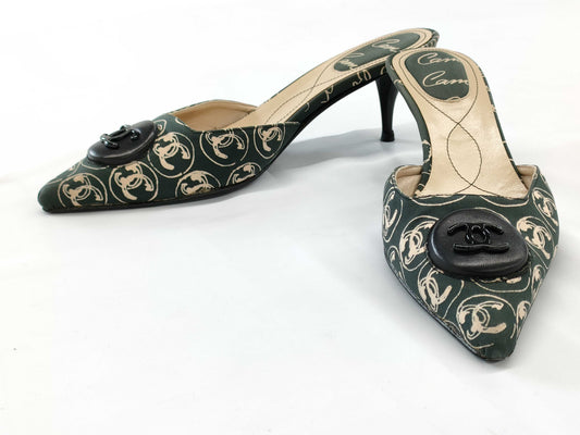 CHANEL Coco Mark All-Over Print Mules, Size 35 1/2