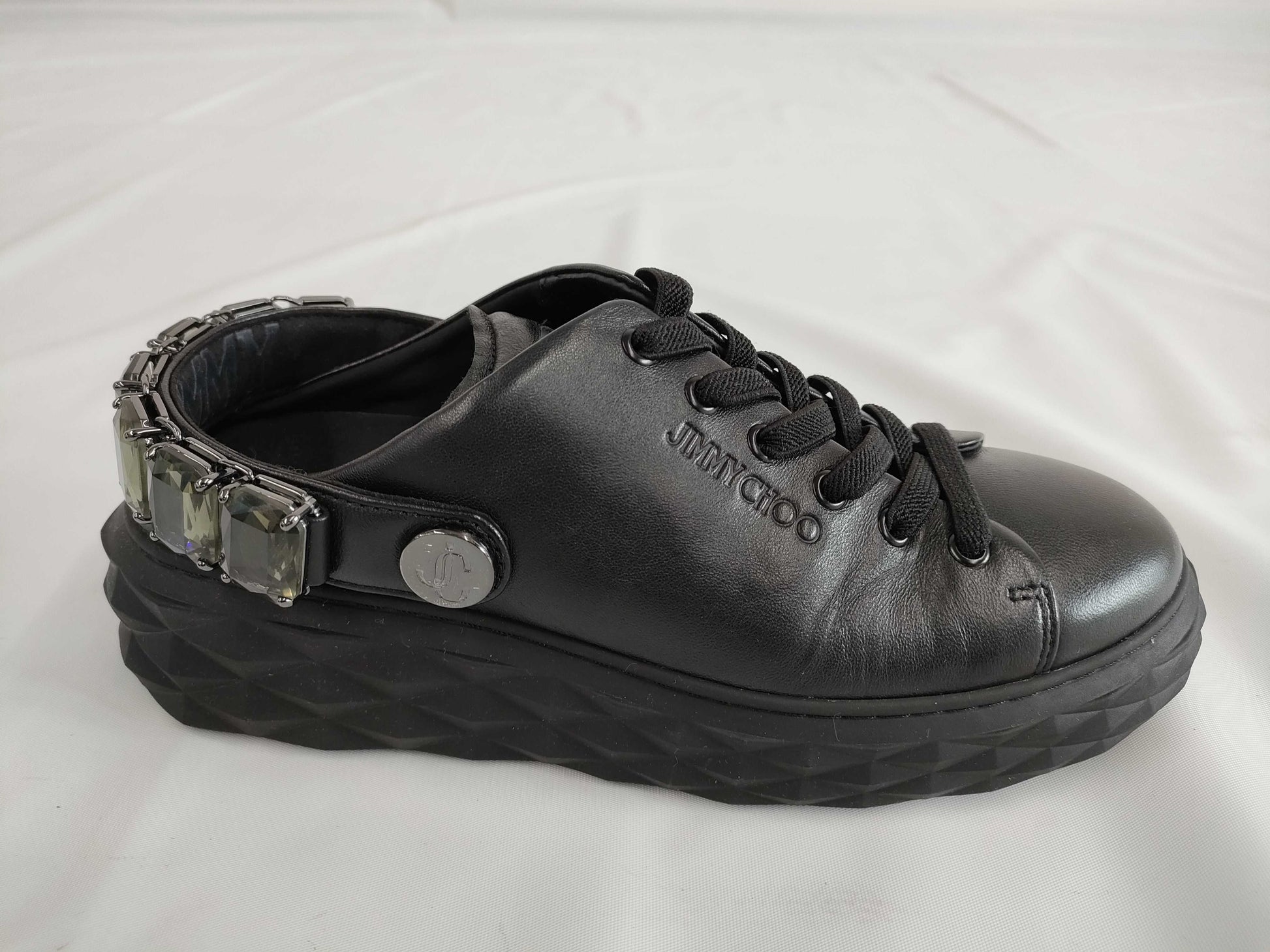 JIMMY CHOO Crystal Strap Nappa Leather Slip-On Sneakers, Size 39