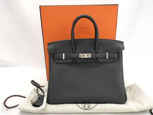 HERMES Birkin 25 Black Togo Silver Hardware W Stamp Handbag