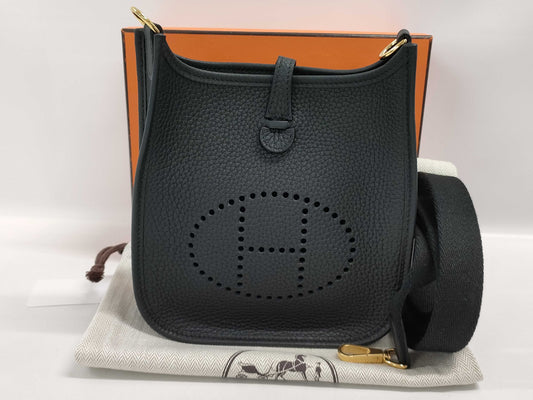 HERMES Evelyn TPM Black Taurillon Clemence Leather Shoulder Bag with Gold Hardware and Double Stamp