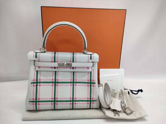 HERMES Kelly 25 Tartan Light, Gripere/Bubblegum/Vert Moyen, Silver Hardware, K Stamp, Handbag
