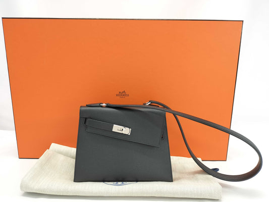 HERMES Kelly Disorderly Black Epson Silver Hardware W Stamp Handbag