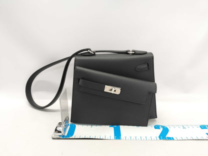HERMES Kelly Disorderly Black Epson Silver Hardware W Stamp Handbag