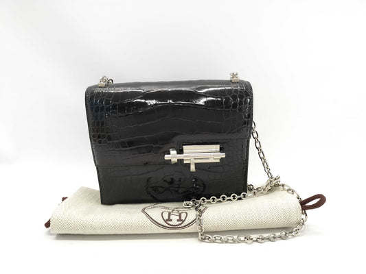 HERMES Vert Chain Mini Handbag in Black Alligator Shine with Silver Hardware and C Stamp