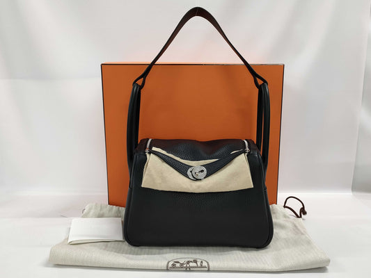 HERMES Lindy 26 Black Taurillon Clemence Leather Handbag with Silver Hardware and Double Stamp