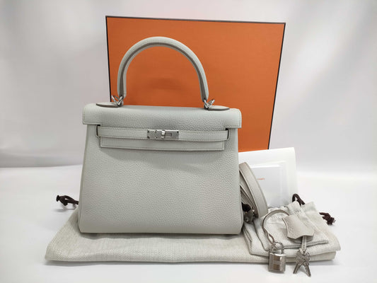 HERMES Kelly 25 Beton Togo Silver Hardware W Stamp Handbag