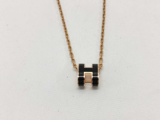 HERMES "Mini Pop H" Black and Pink Gold Hardware Necklace